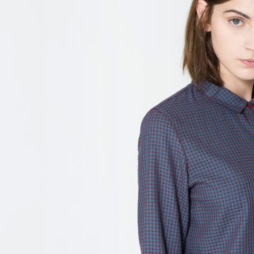 Zara Plaid Gingham Button Down Shirt Contrast Collar